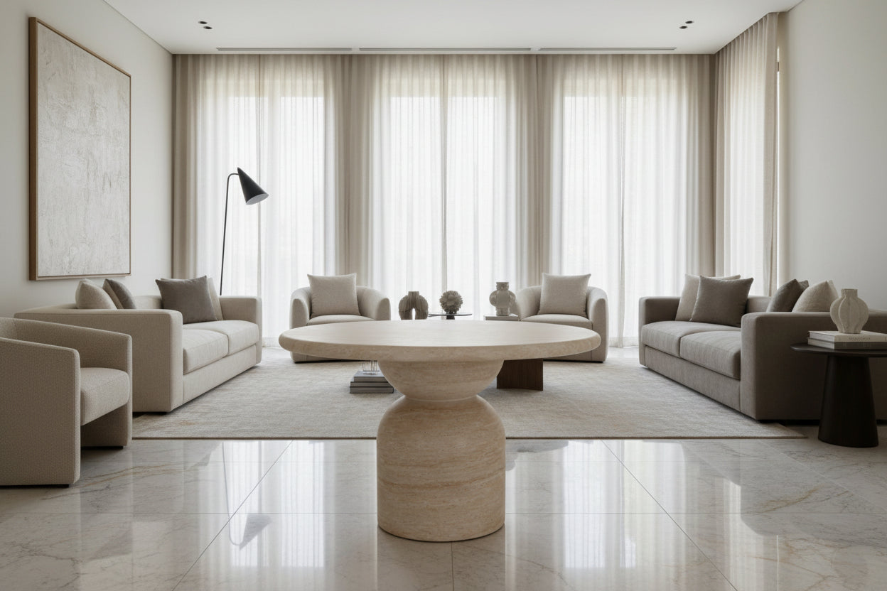 Concrete table with travertine look
