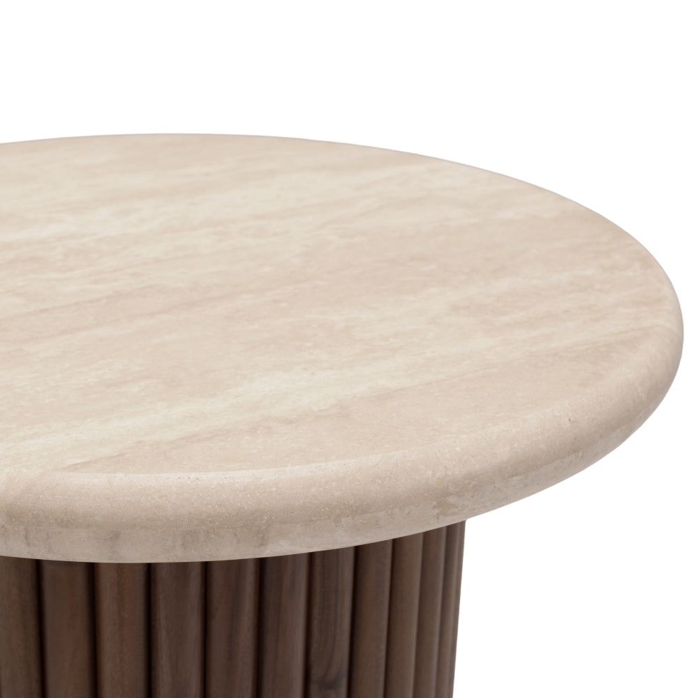 Rho Travertine Top Side Table 50rd (Walnut Base)