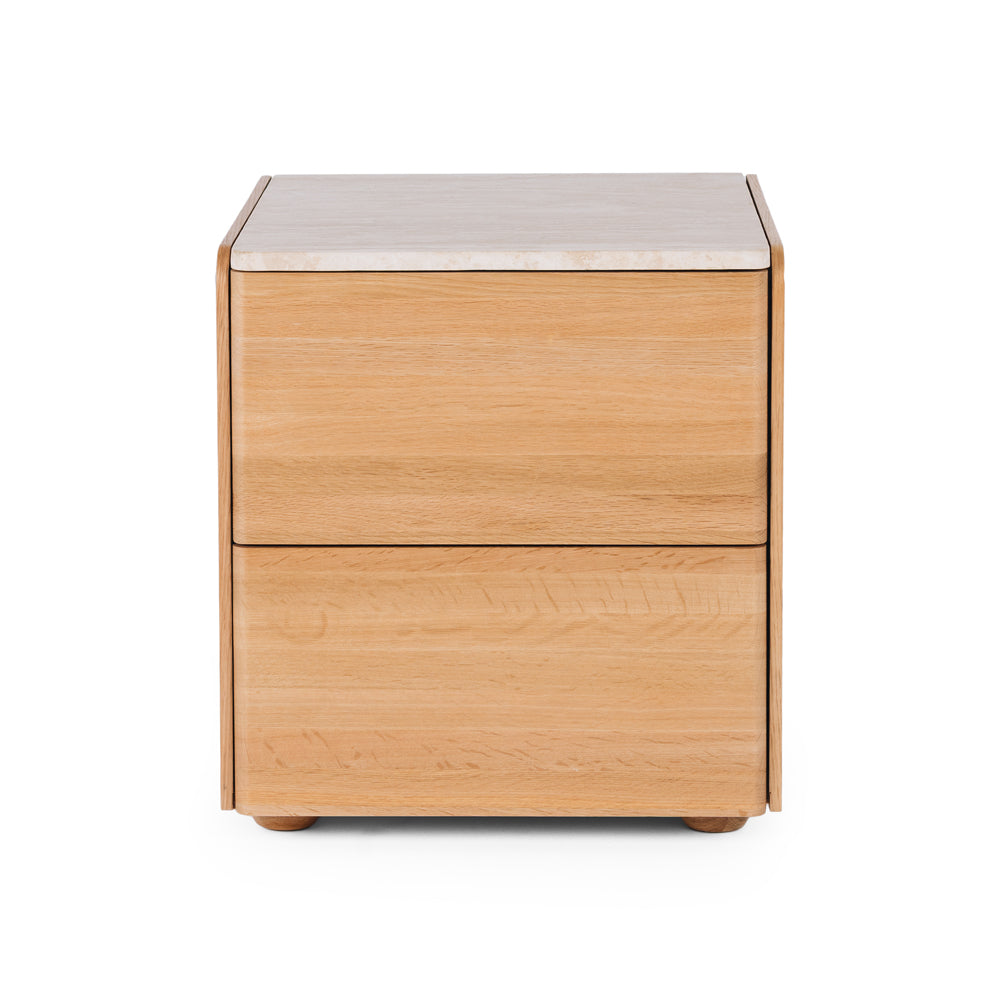 Cube Natural Oak Side Table 2drw (Travertine Top)