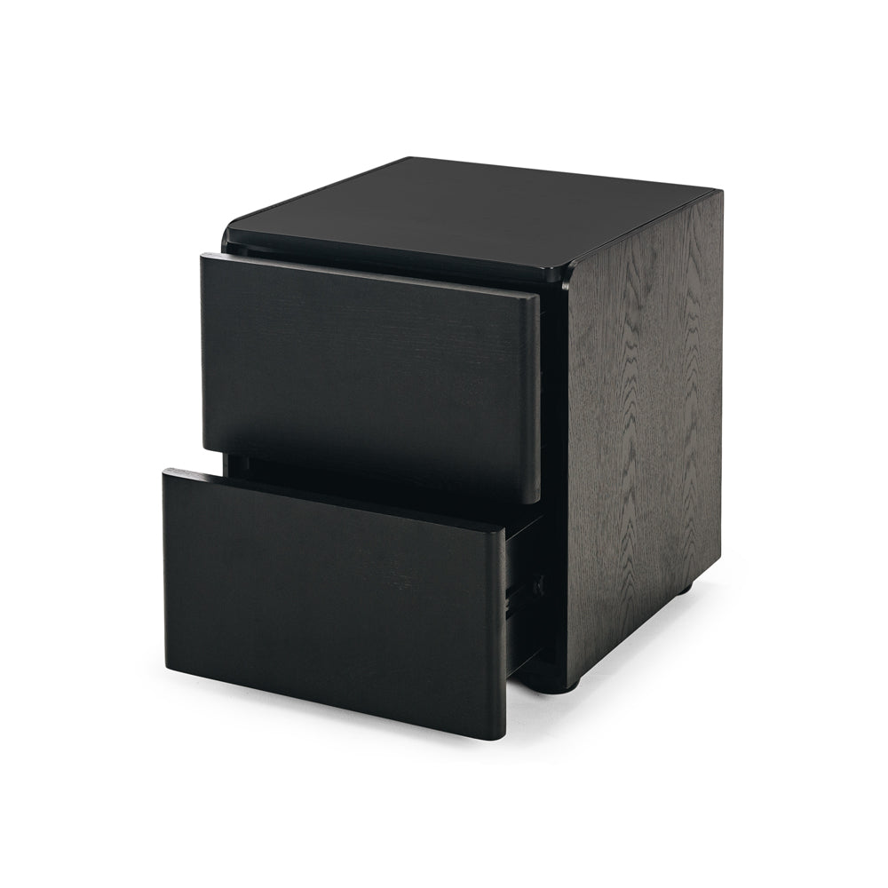 Cube Bedside Oak Black Drawers Open