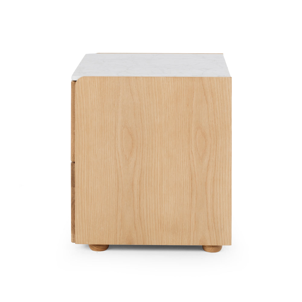 Cube Natural Oak Bedside Table 2drw (Marble Top) Side View