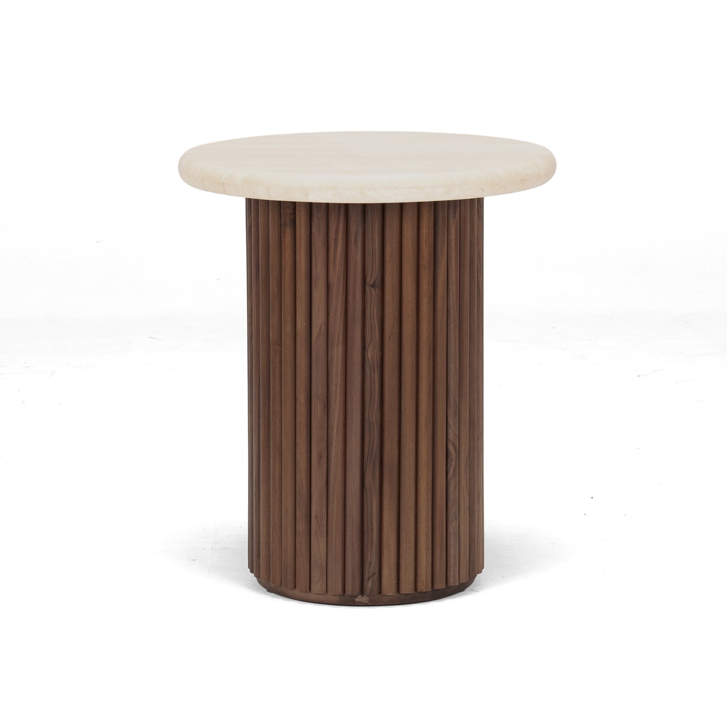 Rho Travertine Top Side Table 50rd (Walnut Base)