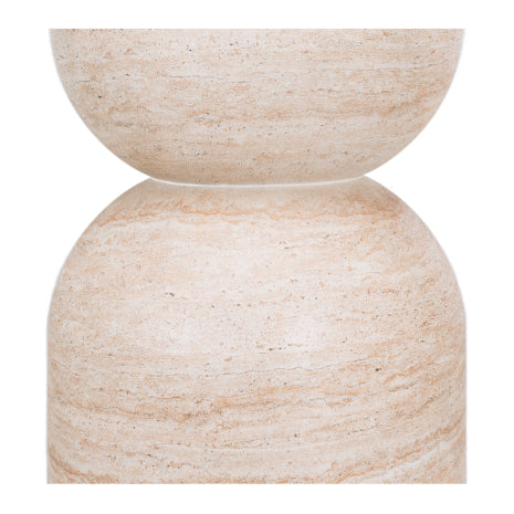 Concrete table with travertine look base close up