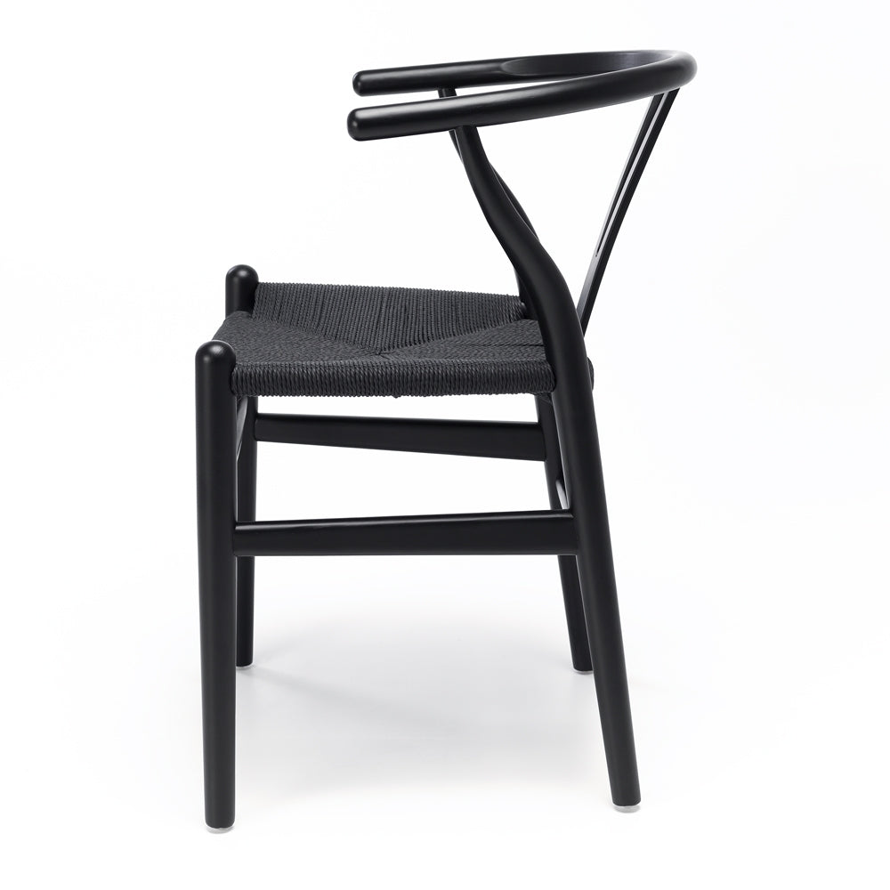Wishbone Dining Chair Black with Black Rope Side On