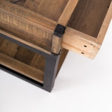 Wooden cabinet with a metal bracket on a white background