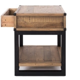 Wooden side table with black metal frame on a white background