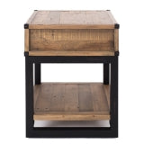 Wooden side table with black metal frame on a white background
