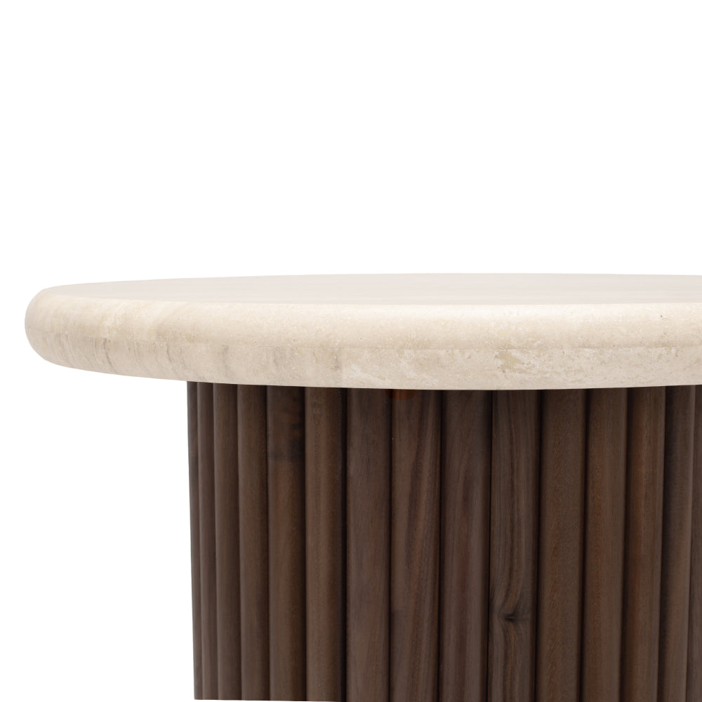 Rho Travertine Top Side Table 50rd (Walnut Base)